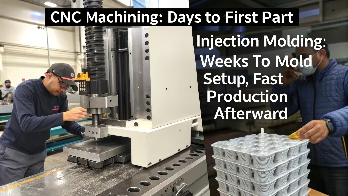 A calendar showing a fast CNC timeline vs a longer injection molding timeline