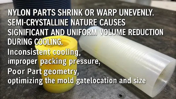 A warped nylon part sitting on a flat surface, showing the visible distortion.