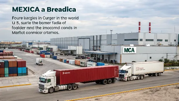 A modern industrial park in Monterrey, Mexico, with logos of international companies.