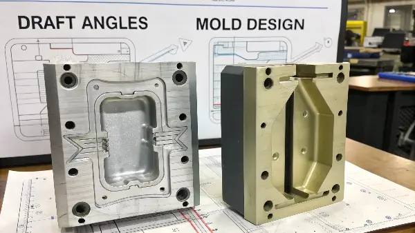 A CAD drawing highlighting the draft angle on a plastic part.