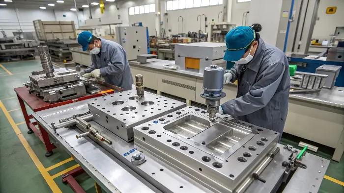 High-Precision CNC Machining for Injection Mold Tooling A CNC machine cutting a complex steel mold cavity