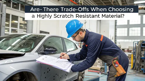 Balancing trade-offs in plastic material selection A scale balancing cost and toughness on one side, and scratch resistance on the other.