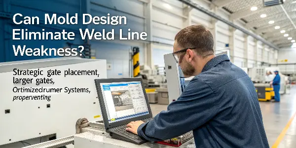 Mold flow analysis showing strategic gate placement to move a weld line.