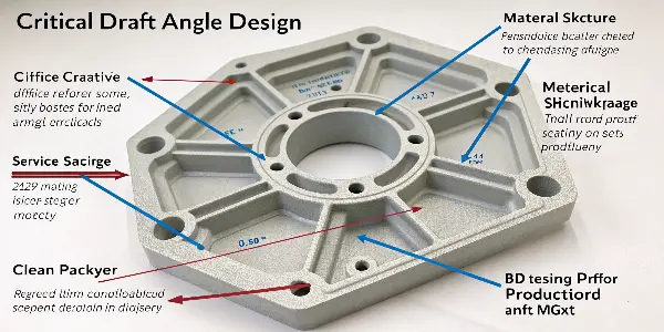 Draft Angle Design for Complex Geometries A complex plastic part showing various draft angles on different surfaces.