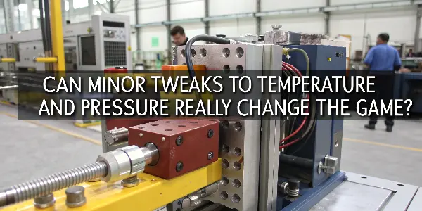 Injection molding machine control panel showing temperature and pressure settings.