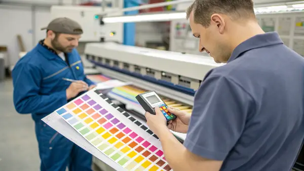 A collection of Pantone color swatches fanned out next to a plastic molded part