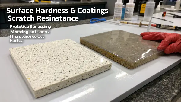 Plastic hard coating for scratch resistance A cutaway view showing a plastic substrate with a hard coating layer applied on top.