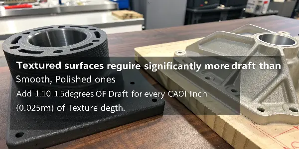 Draft Angles for Textured Surfaces A close-up view of a textured plastic surface alongside a mold half with the same texture.