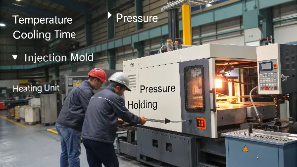 The Interplay of Injection Molding Parameters A detailed diagram showing the injection molding process with indicators for temperature, pressure, and cooling zones.