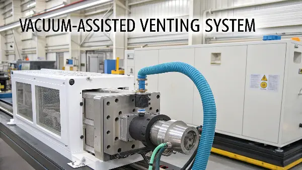 Vacuum-Assisted Venting System in an Injection Mold A close-up shot of a complex injection mold with vacuum venting channels visible.