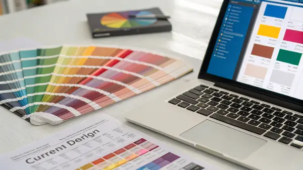 A project manager pointing to a specific color chip in a Pantone swatch book
