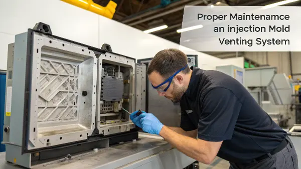 A close-up shot of an injection mold's parting line showing the thin vent channels.