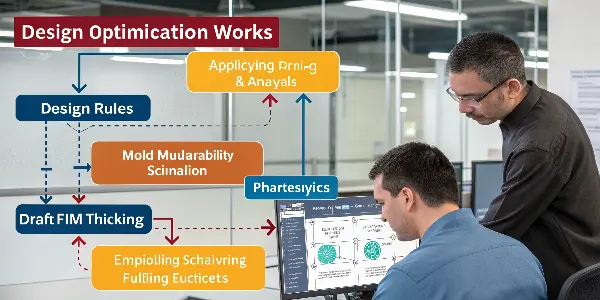 Mold Flow Simulation for Design Optimization A screenshot of Mold Flow simulation software showing plastic fill patterns.