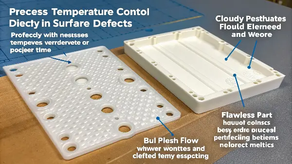 Impact of Temperature on Surface Finish A side-by-side comparison of two plastic parts: one with visible weld lines and a dull finish, the other with a clean, glossy finish.