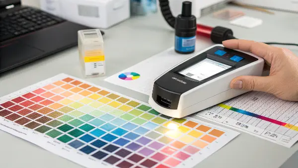 A scientist analyzing a color's spectral data curve on a computer screen connected to a spectrophotometer