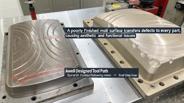 Close-up image showing a smooth, polished mold surface next to a rough, machined one. 