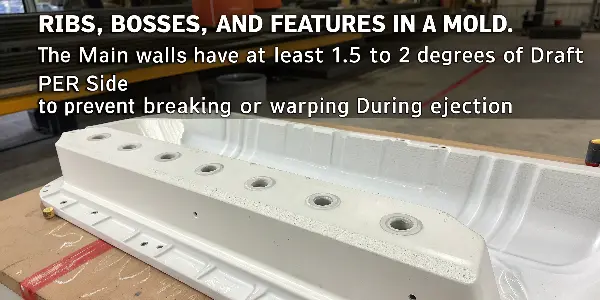Drafting Ribs and Bosses A 3D model highlighting the draft angle applied specifically to ribs and bosses on a plastic part.