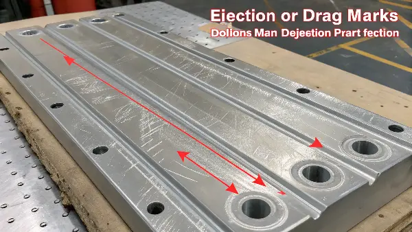 Injection molded part with long, straight drag marks along a vertical wall