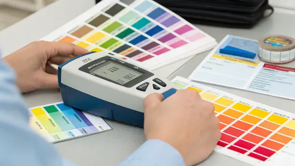 A spectrophotometer measuring a Pantone color swatch for precise color matching