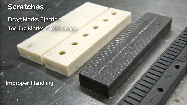 A close-up of a black plastic part with visible scratches under inspection light