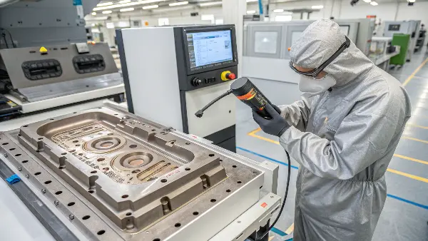 Conformal Cooling Channels in a Mold A cutaway view of a mold showing complex, curved conformal cooling channels wrapping around the part cavity, contrasted with simple straight channels.