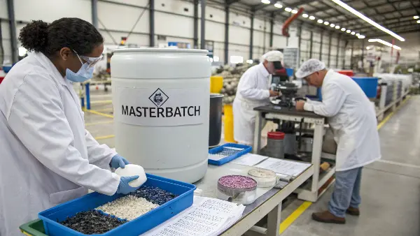 A technician carefully weighing color masterbatch pellets before mixing them with natural resin pellets.