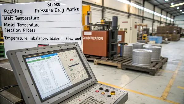 Key Injection Molding Parameters Diagram showing key injection molding parameters like temperature, pressure, and speed.