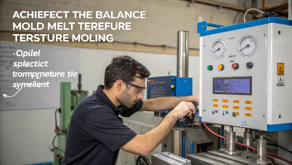 Mold and Melt Temperature Balance A split image showing a mold with heating channels and a close-up of molten plastic flow.