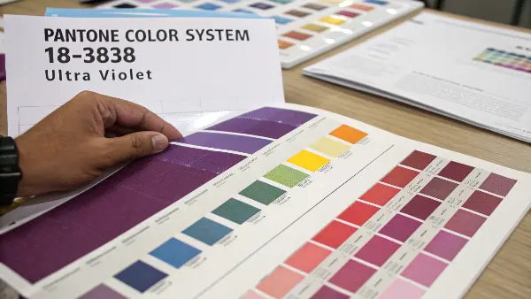 A designer holding a Pantone fan guide up to a computer screen to match colors.