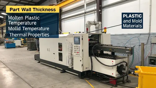 Factors Affecting Injection Molding Cooling Time An infographic highlighting different factors like wall thickness, material type, and mold temperature affecting cooling time.