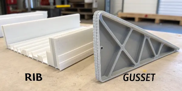 Ribs vs. Gussets in Plastic Design An image showing a plastic part with both ribs on a flat surface and gussets reinforcing a boss.