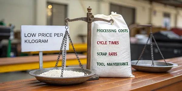 A calculator next to plastic pellets and a molded part, symbolizing total cost calculation