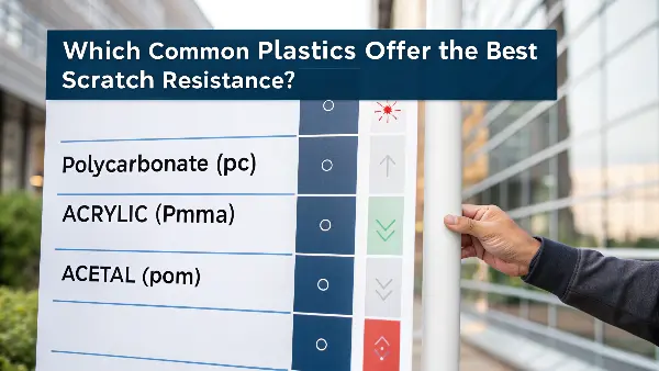 Common scratch-resistant plastics A display of clear and opaque plastic parts made from PC, PMMA, and ABS.