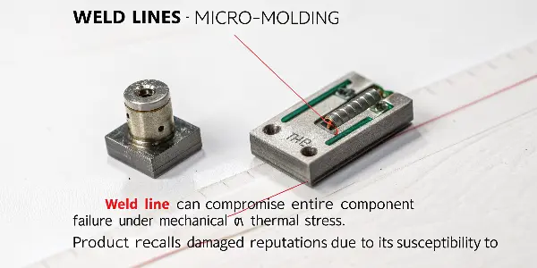 Diagram comparing weld line impact on a standard vs. micro part