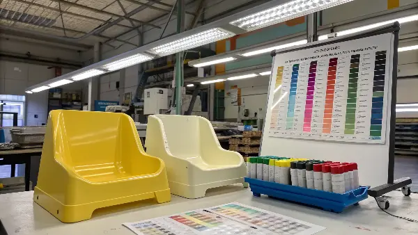 A plastic part viewed under different light sources, showing a visible color shift.