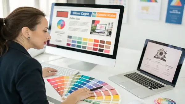 A mood board showing a brand's color palette applied to different items like a logo, website, and business card.