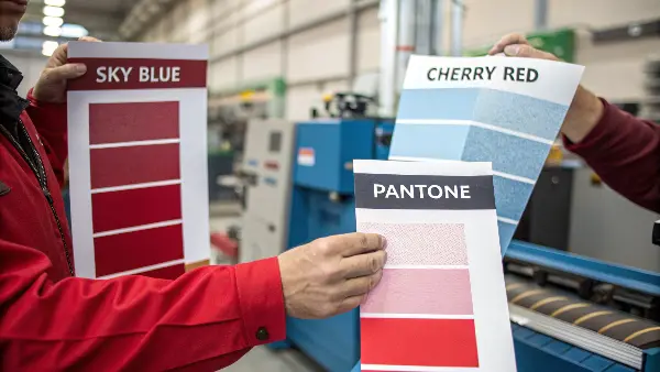 A designer and a manufacturer looking at the same Pantone Formula Guide in different locations