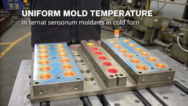 Uniform vs. Non-Uniform Mold Temperature An infographic showing two mold halves: one with hot and cold spots (uneven), and the other with a consistent color temperature (uniform).