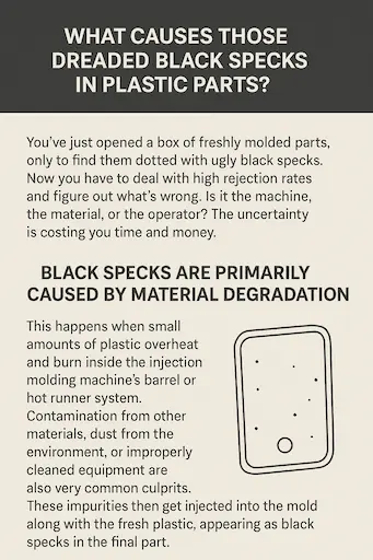 A close-up of a plastic part showing carbonized black specks.