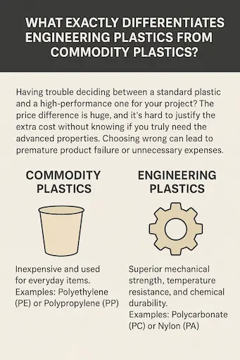 Two piles of plastic pellets, one for commodity plastic and one for engineering plastic.