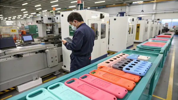 Pellets of TPU plastic being fed into an injection molding machine