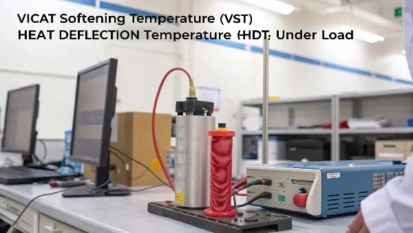 A Heat Deflection Temperature (HDT) testing apparatus with multiple specimen stations.