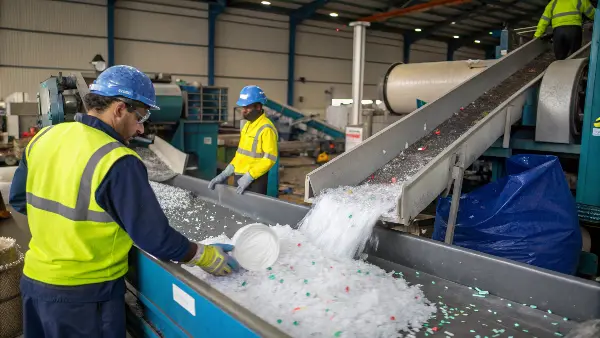HDPE Recycling Process HDPE flakes being washed and processed in a recycling facility.