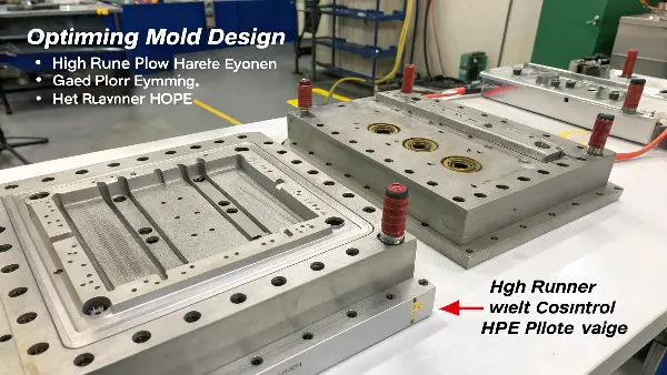 Optimized Mold Design for Thin-Wall HDPE A CAD drawing of a mold design highlighting hot runner systems and venting channels