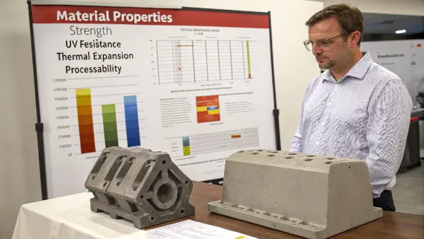 Material Properties influencing Part Design Diagram showing how different material properties like strength and flexibility influence the design of a simple clip.