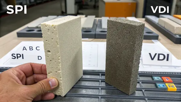 SPI vs VDI Surface Finish A comparison image showing an SPI polished surface next to a VDI EDM surface