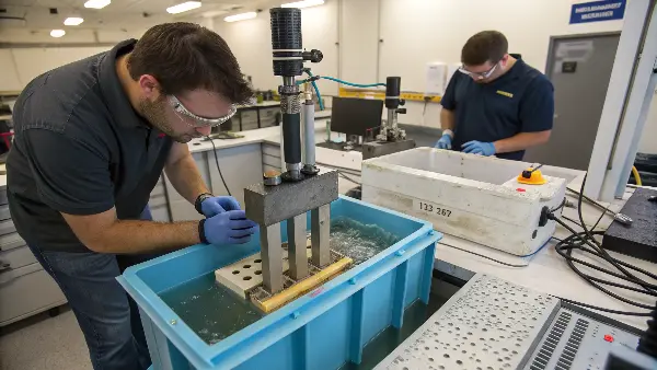 Specimens in an ESCR test fixture submerged in a chemical bath.