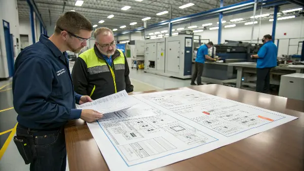 A team of engineers and operators collaborating over a draft of a process sheet.