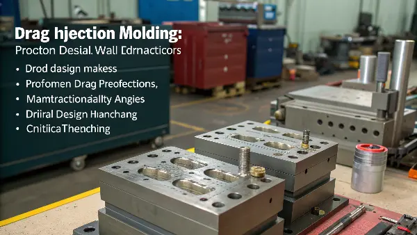 Design for Manufacturability in Injection Molding A detailed look at a plastic injection mold with callouts for draft angle and wall thickness.