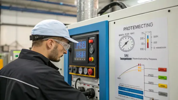 A close-up of an injection molding machine processing HDPE pellets